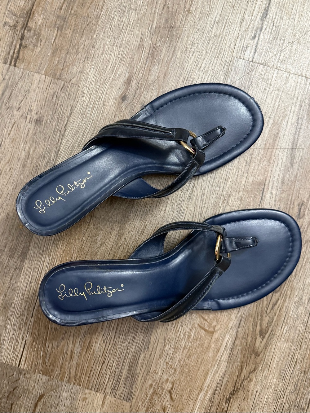 Lilly Pulitzer Navy Patent Wedge Thong Sandals with Gold Ring Accent - Picture 2 of 13